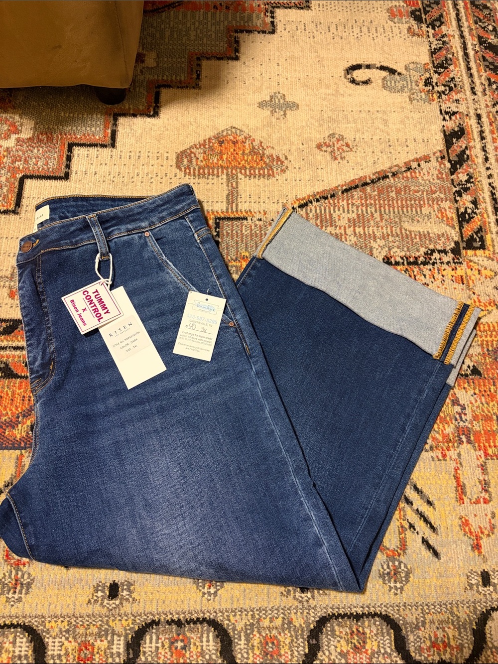 High-Rise Dark Blue Wide-Leg Jeans with Cuffed Hem